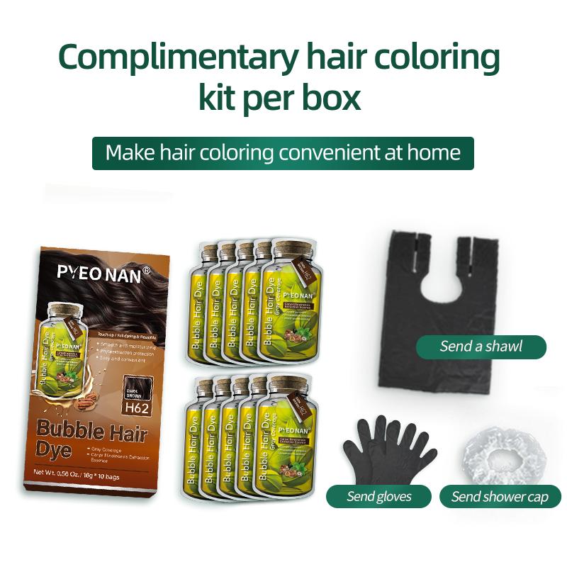 PYEONAN Unisex Bubble Hair Dye, Ammonia-Free, Natural Plant Extracts, 2-in-1 for Gray Coverage and Hair Care, Gray Hair Turns into Black or Dark Brown with Herbal Ingredients, No Bleaching, 10 Bags Hair Color 5.6 Oz./160g