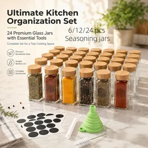 This 24-piece set of square glass spice jars comes with airtight bamboo lids, labels, a funnel, and a cleaning brush. A versatile kitchen storage set suitable for storing spices, herbs, and seasonings.