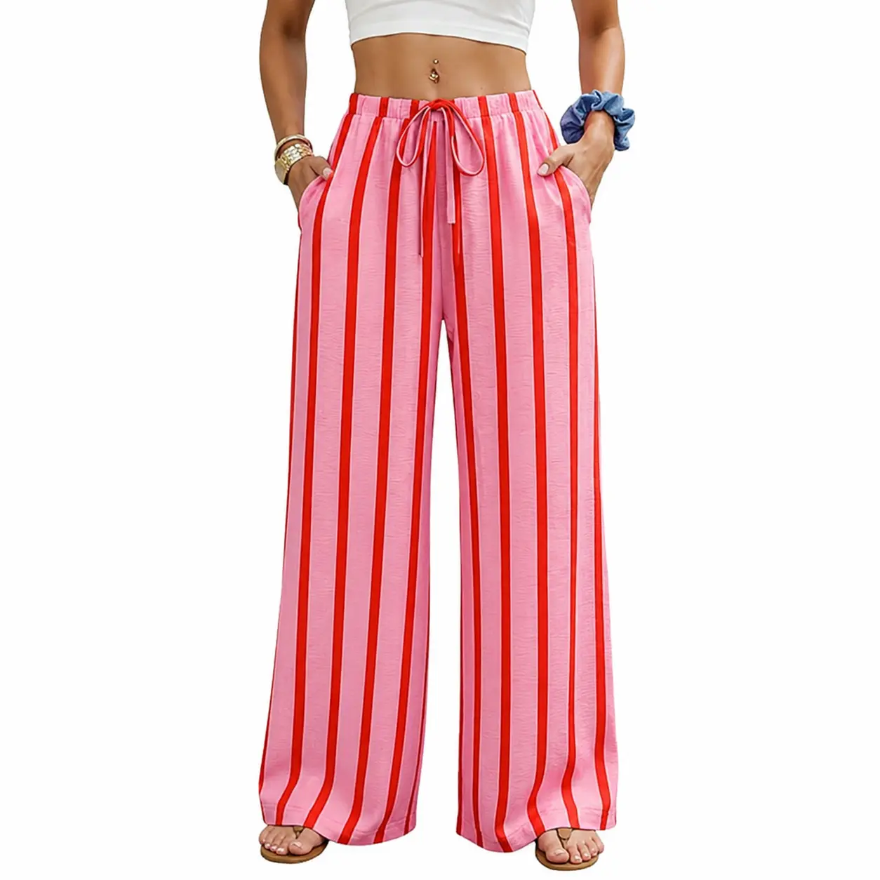 JointlyCreating Women Pink Vertical Striped Wide Leg Pants, Loose Fit Versatile Long Trousers, Boho Style Pants for Summer Beach Vacation & Festival Outfits