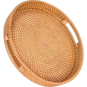 Round Rattan Tray 13.8 Inch, Round Wicker Serving Tray with Handles, Rustic Basket Trays for Coffee Table, Decorative Ottoman Trays for Living Room Farmhouse Home Decor & Storage