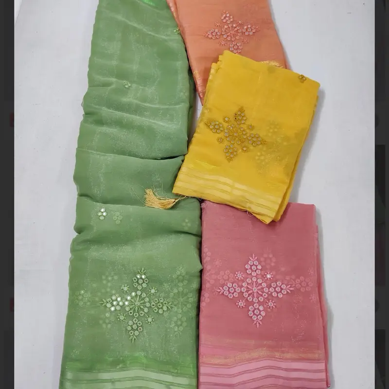 Party wear light weight soft organza silk saree with theead and mirror work flaas picco done