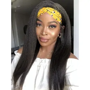 Kinky Straight Headband Wig, Soft &  as Human Hair, Glueless Headband Wigs for Black Women, Long Black Italian Yaki Synthetic Half Wig (1B  Black, 18 Inch)