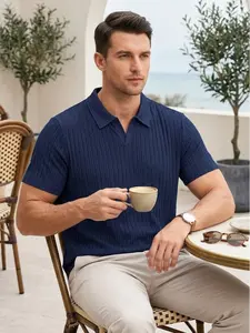 Men's Ribbed Polo Shirts Short Sleeve V Neck Knit Casual Summer Tops Lightweight Jacquard Golf T-Shirts