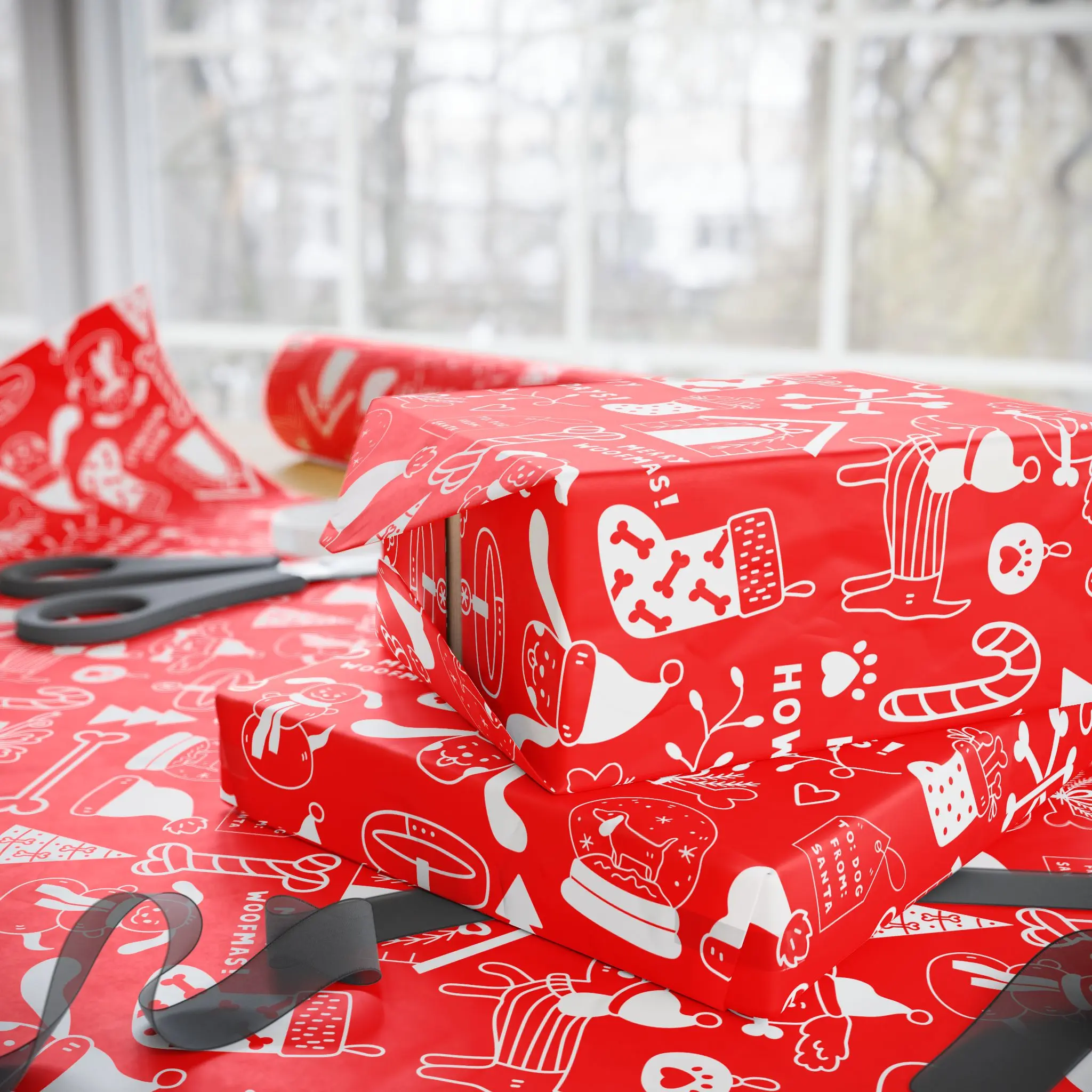 Dog Gift Wrap Paper, Hand Drawn Doodle Drawings in Red and White, DOGGY Wrapping Papers, Puppy  Gift Wrap