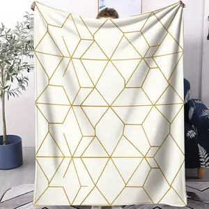 Luxury Gold Geometric Line Printed Blanket, Soft Thick Warm Breathable, No Shedding, For Home Bedroom Dorm Sofa, All-Season, Suitable For Renters Moms Students