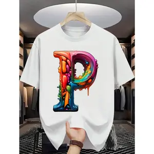 Pure Cotton Single-Sided Printed Round Neck Short Sleeve T-Shirt, Summer Fashion Short Sleeve T-Shirt, Printed With Letter Pattern