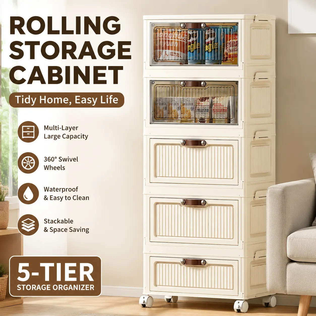 4/5/6 Tier Rolling Storage Cabinet with Wheels, Waterproof Stackable Home Organizer for Kitchen Bedroom Living Room, Space Saving Apartment Storage Solution