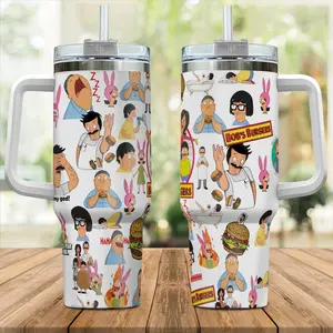 Bob’s Burgers 40oz Tumbler With Handle, Cartoon Family Cup, Custom Burger Menu Stainless Steel Travel Mug, Funny Animation Gift