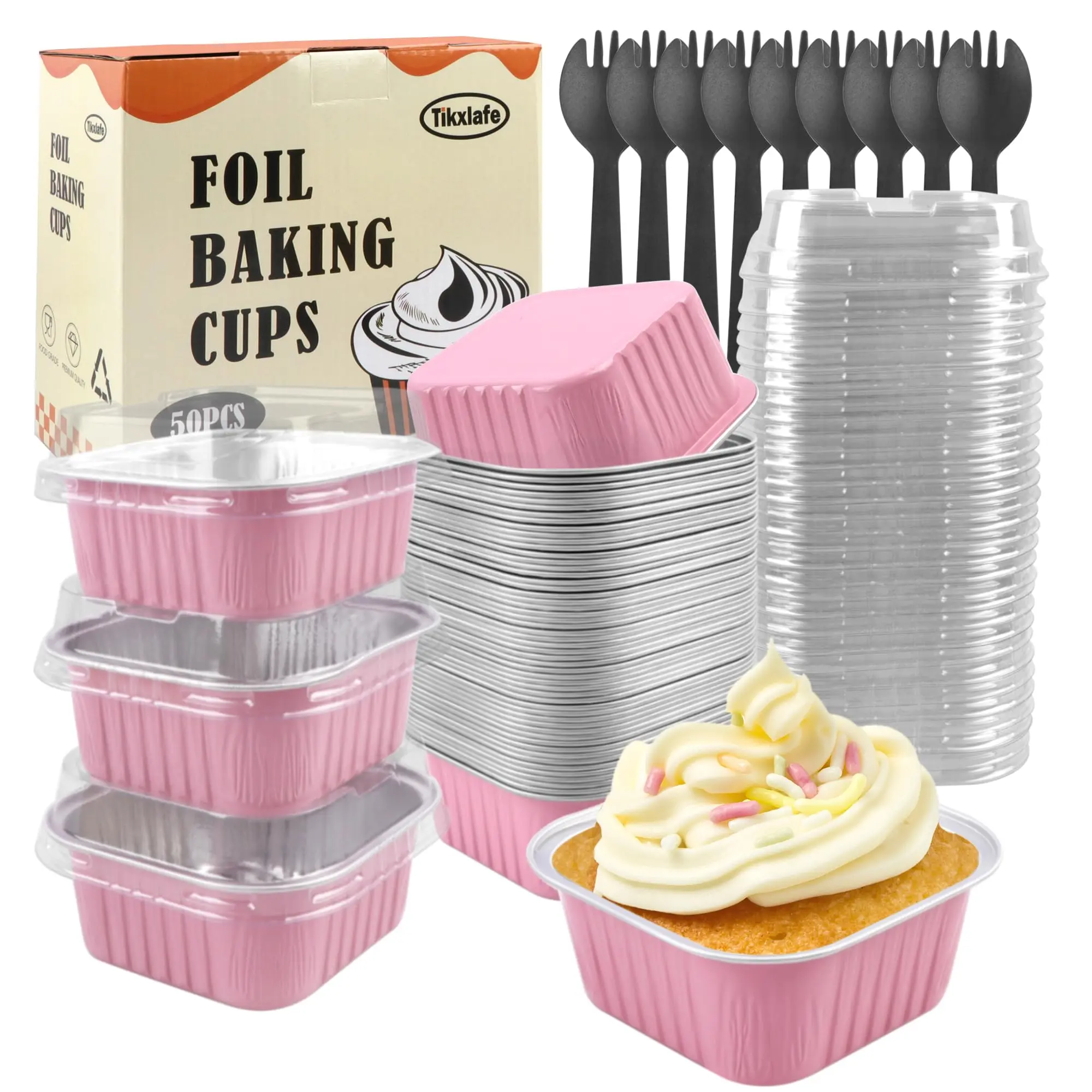 Foil Square Brownie Baking Cups, Mini Loaf Pans With Lids 50 Pack, Disposable Ramekins Baking Pan, Cupcake Container for Brownie Bread Cheesecake-Pink