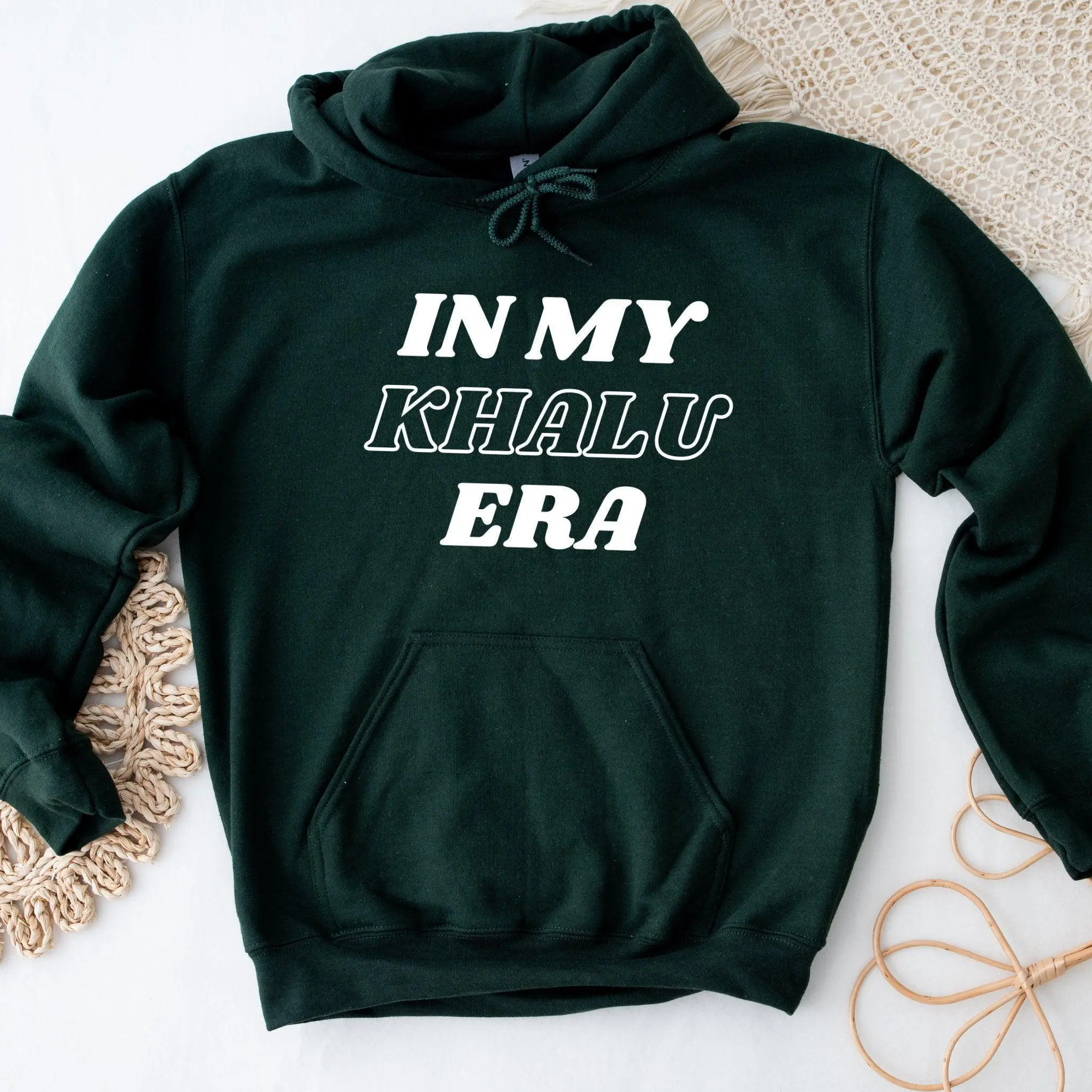 In My Khalu Era Hoodie by Humraha | Desi Arab Muslim Fashion Apparel Gifts for Ramadan Eid Nikkah Wedding Couples Families New Moms Aunts Uncles Grandparents | Pakistan India Bangladesh Palestine Lebanon Egypt Syria