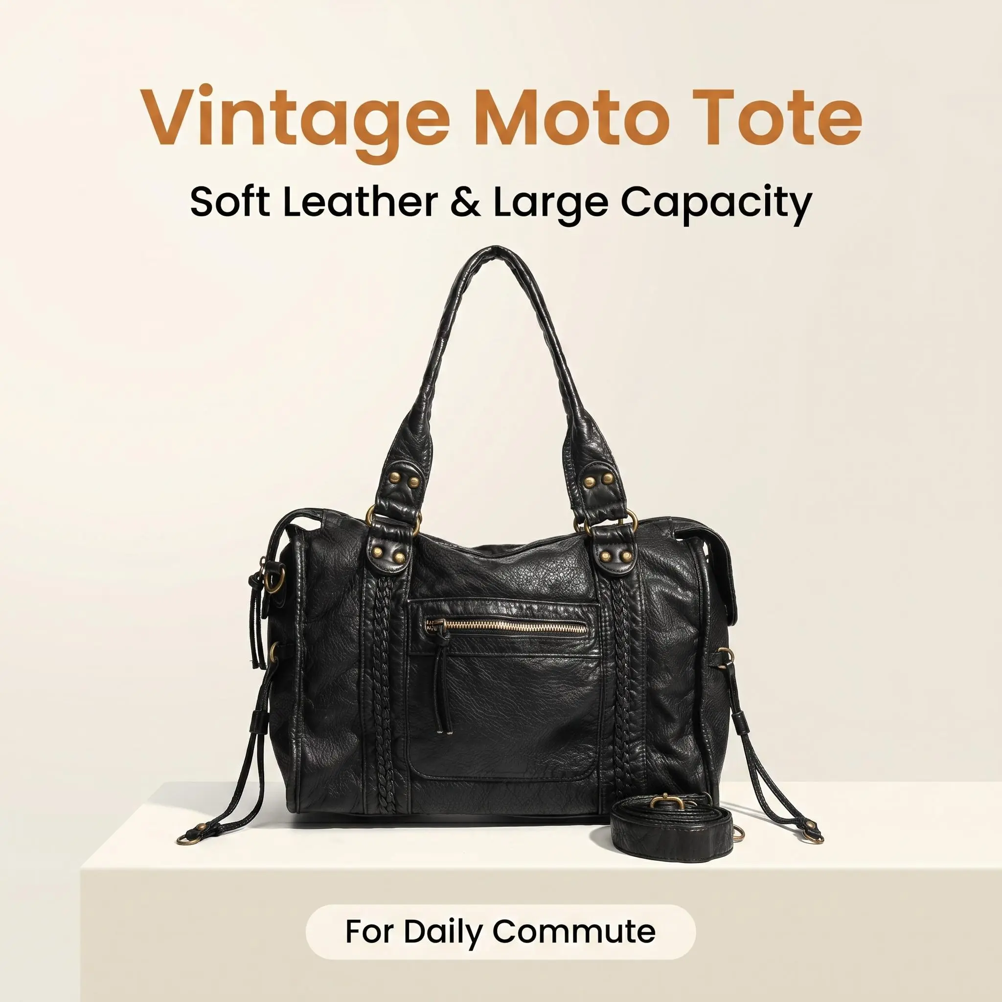 Vintage Washed Soft Leather Moto Tote Bag Retro Black Large Capacity Handbag with Detachable Strap