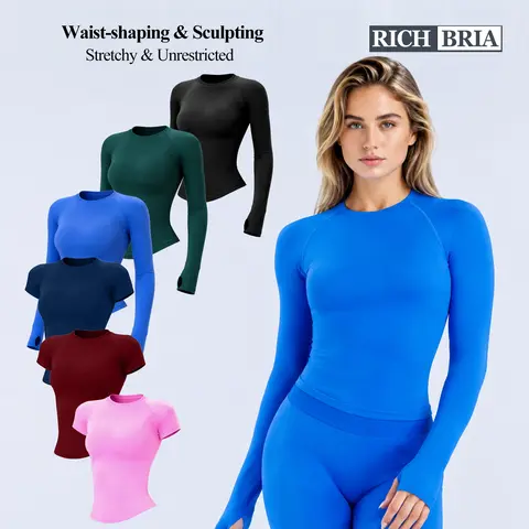 RICH BRIA Impact Short Sleeve Top Workout T Shirt for Women, Fitness Gym Tank Top Matching Seamless Round Neck Casual Tee Tops, Breathable Comfortable Yoga Clothes, Active Outfit