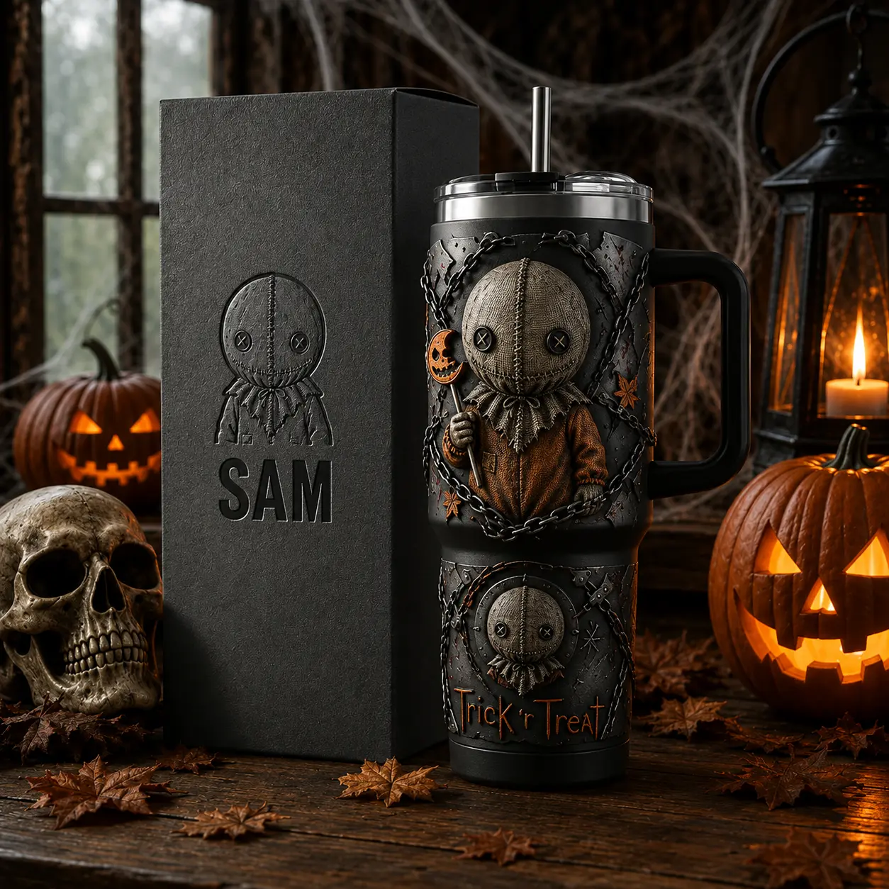 OceanSip4U Sam Trick 'r Treat 40oz Stainless Steel Tumbler with Handle, Vacuum Insulated Travel Mug, Halloween Horror Movie Cup, Spooky Pumpkin Tumbler, Gift for Horror Fans