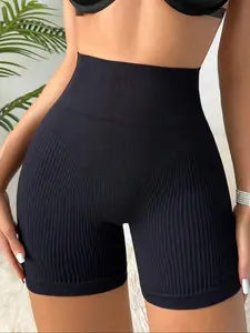 Women's Seamless Yoga Shorts, High Waist Ribbed Leggings, Stretchy Fitness Pants, Casual Wearable Under Clothes, Seamless Breathable Shorts