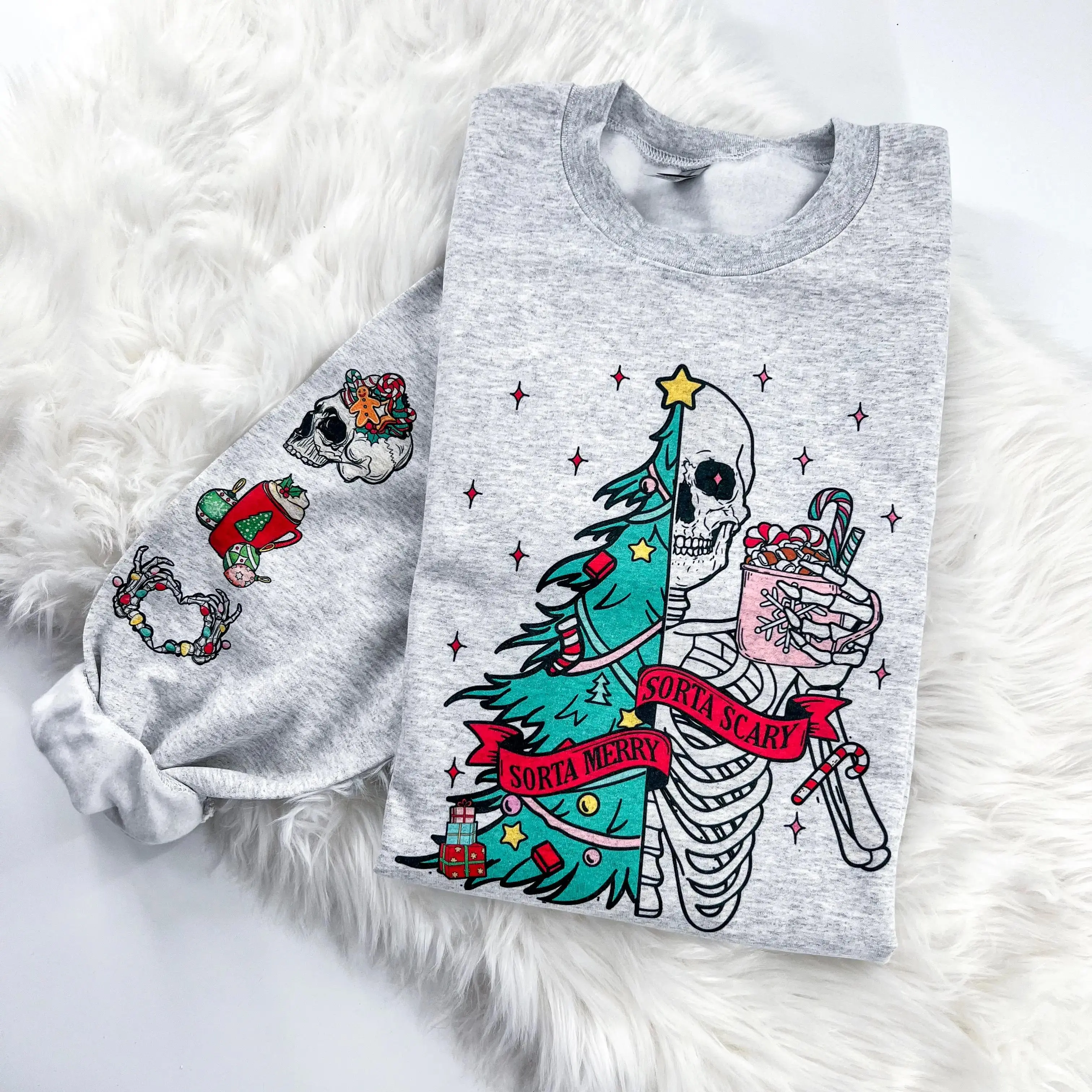 Sorta Merry Sorta Scary Sweatshirt, Funny Skeleton Christmas Tree Crewneck for Women, Spooky Xmas Holiday Shirt, Goth Christmas Gift, Winter Top