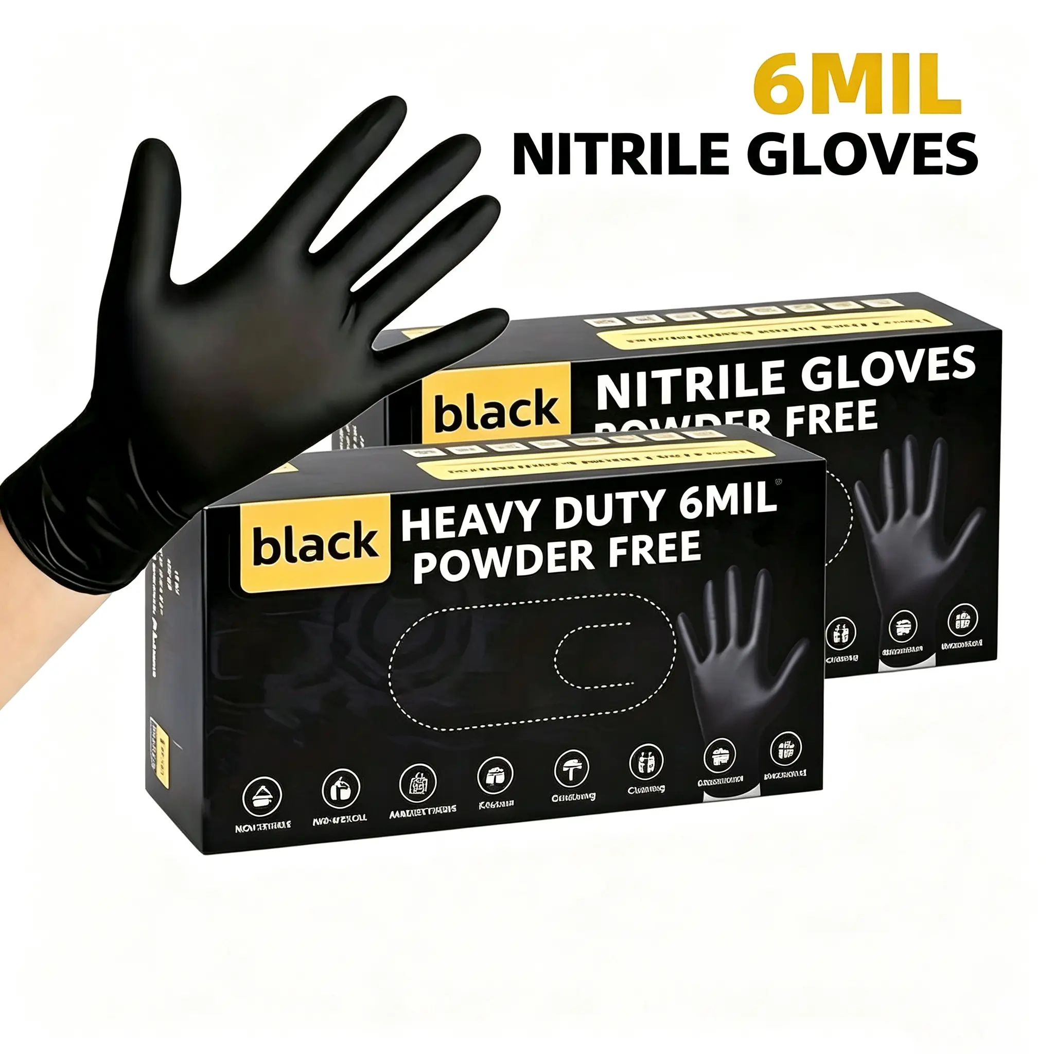 100PCS 6Mil Heavy-Duty Black Nitrile Disposable Gloves Box - Comfortable, Powder-Free, Waterproof, Latex-Free for Home Care Supplies, Personal Cleaning, Auto Repair