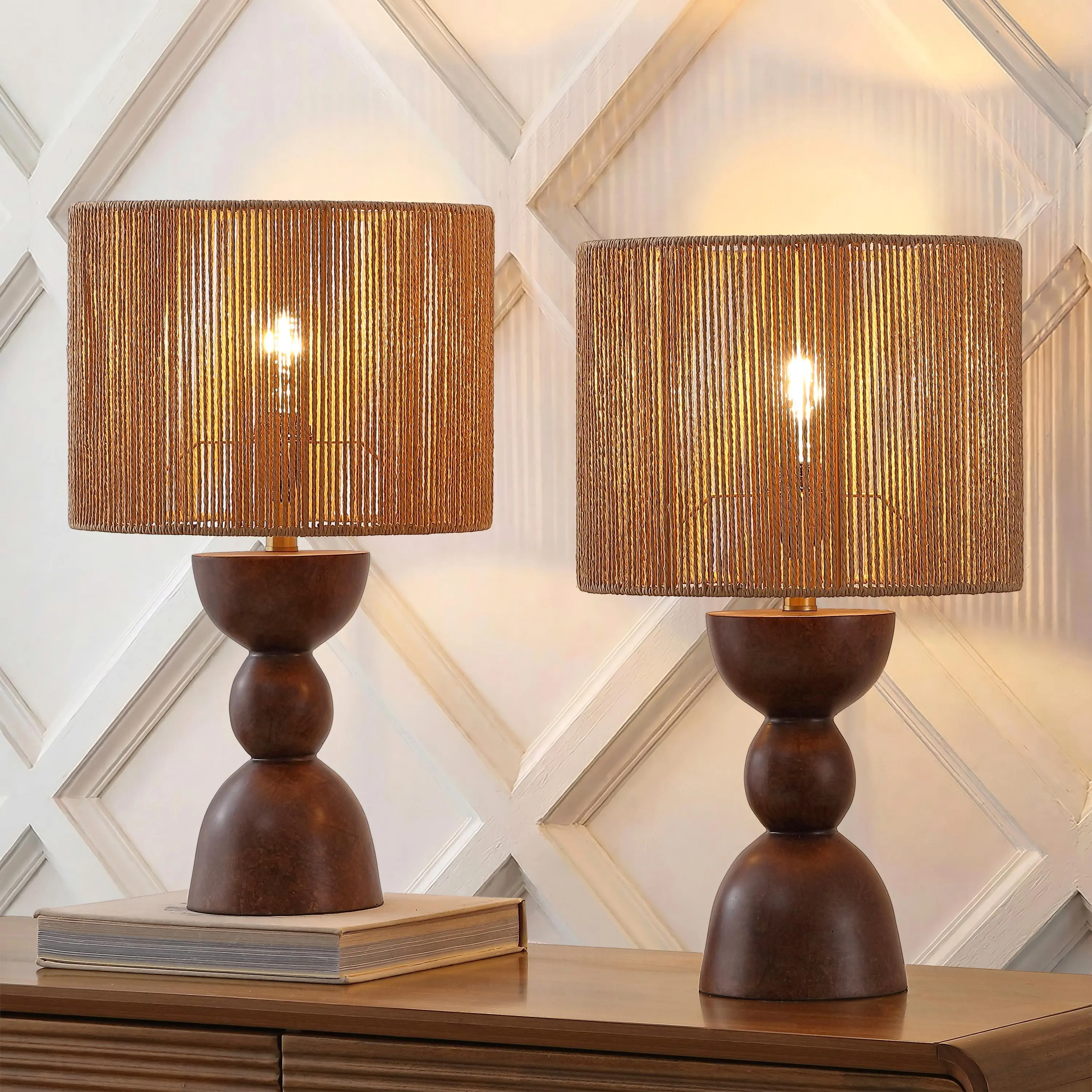 JONATHAN Y Sherry 22" Hourglass Resin Base Table Lamp Set of 2, Hand-Woven Rope Drum Shade, Brass Gold Metal Hardware, LED Bulbs Included, Bohemian Coastal Apartment Accessories for Ambient Glow