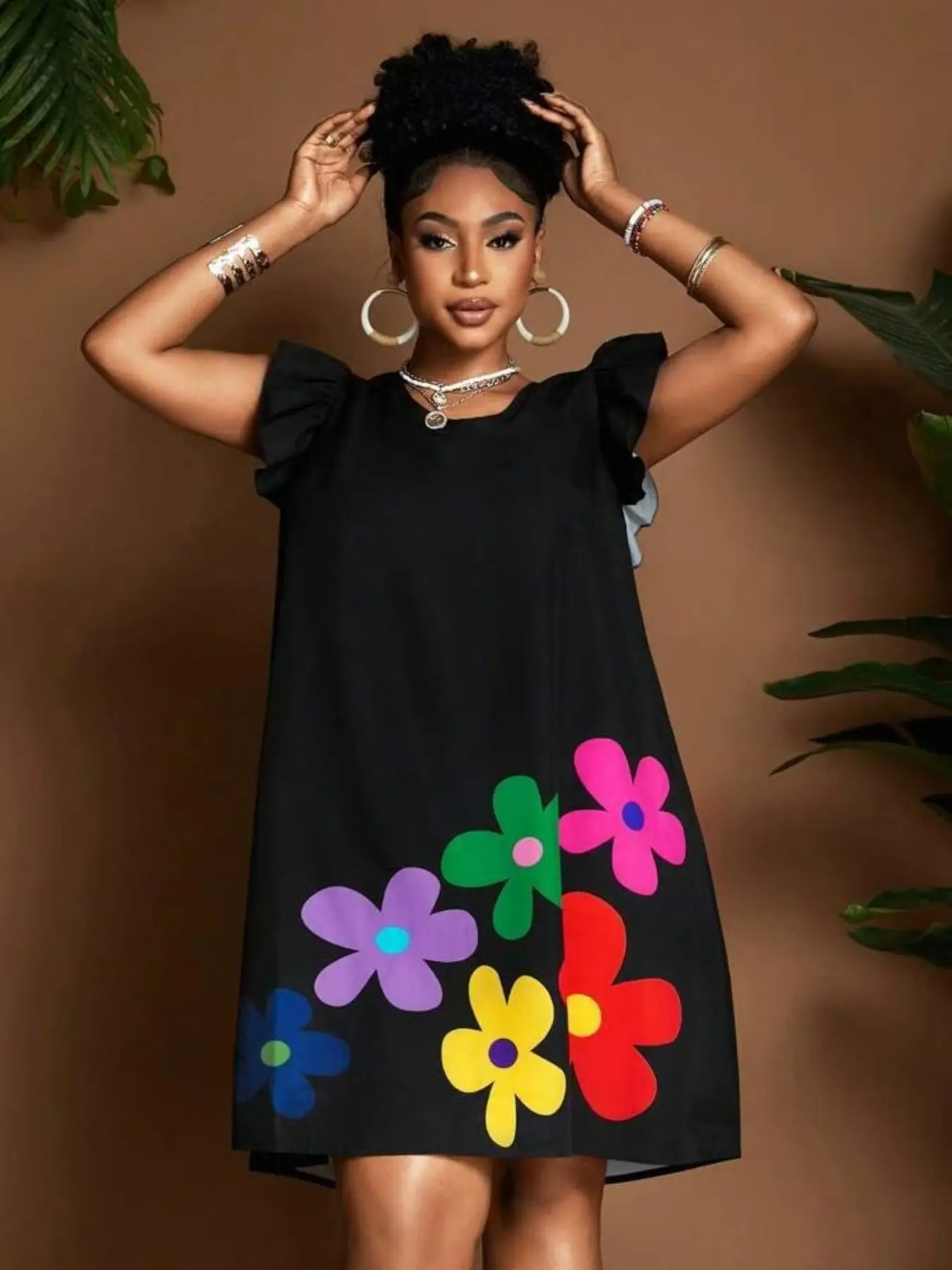 Fashion Floral Print Casual Summer Short Sleeve Ruffled Feminine Women's Dress, Retro Colorblock Flower Pattern Skirt, Perfect for Leisure and Entertainment, Casual Wear