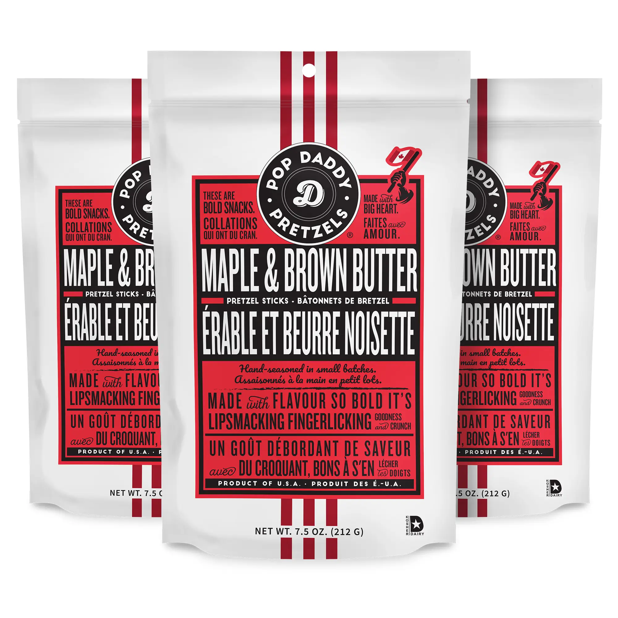 Pop Daddy Flavored Pretzels Sticks | Healthy Gourmet Pretzels Snacks | 7.5oz Individual Bags | 3 Pack | Maple and Brown Butter Flavor