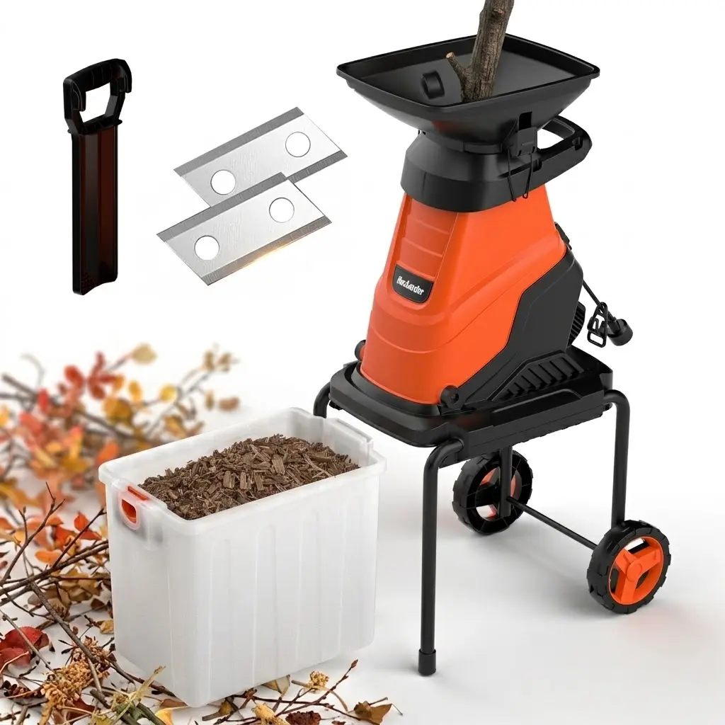 MAXLANDER Portable Electric Wood Chipper 15-Amp, Anti-Clogging Mulcher & Shredder, 1.8" Capacity, 50L Bin, Safety Knob, Simple to Operate with Wheels for Easy Home Yard Cleanup