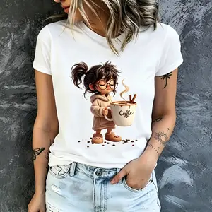 Women Graphic T Shirt Soft Cotton Crewneck Plus Size Top Coffee Lover Cartoon Girl with Big Mug 180g Orange Tee Casual Summer Outfit Heat Transfer Fit Beach
