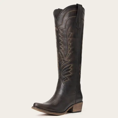 REDTOP Women's Western-Style Knee-High Cowgirl Boots - Footwear with Embroidered Geometric Design, Beads, Fabric Upper, Side Zipper, Snip Toe, Block Heel, Rubber Sole, Casual Cowgirl and Outlaw Style, Comfortable Shoes for Women