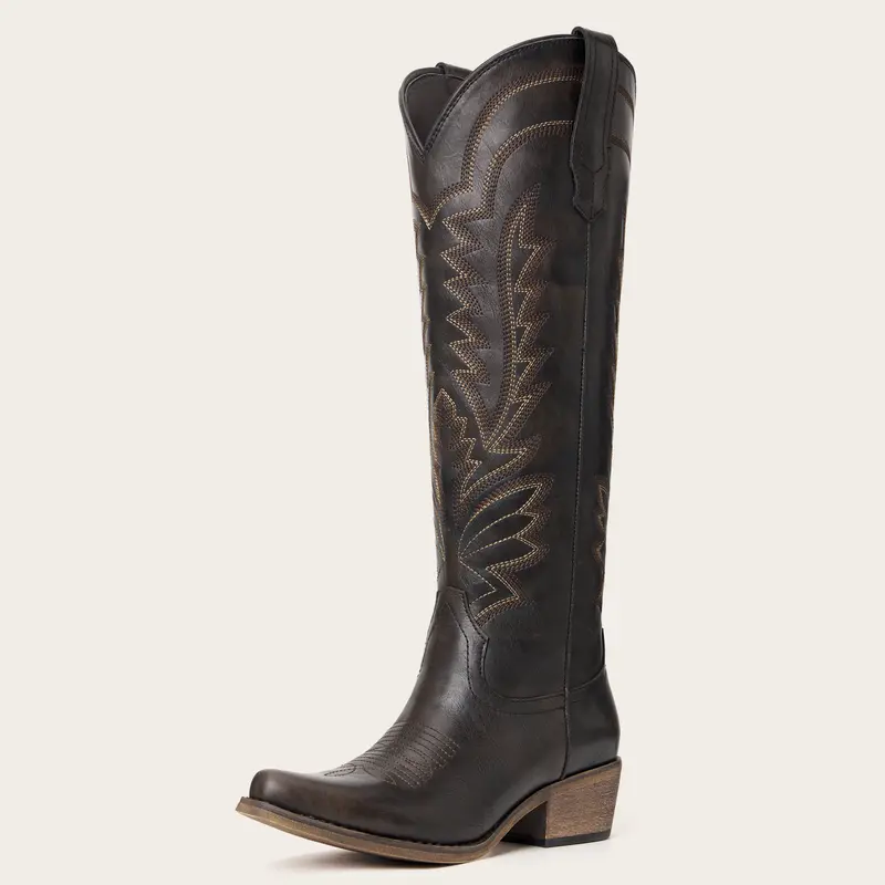 REDTOP Women's Western-Style Knee-High Cowgirl Boots - Footwear with Embroidered Geometric Design, Beads, Fabric Upper, Side Zipper, Snip Toe, Block Heel, Rubber Sole, Casual Cowgirl and Outlaw Style, Comfortable Shoes for Women