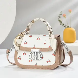 M72-Cute Cherry Print Handbag For Women Vintage Saddle Bag With Silk Scarf Decor Crossbody Shoulder Bag For Daily Use
