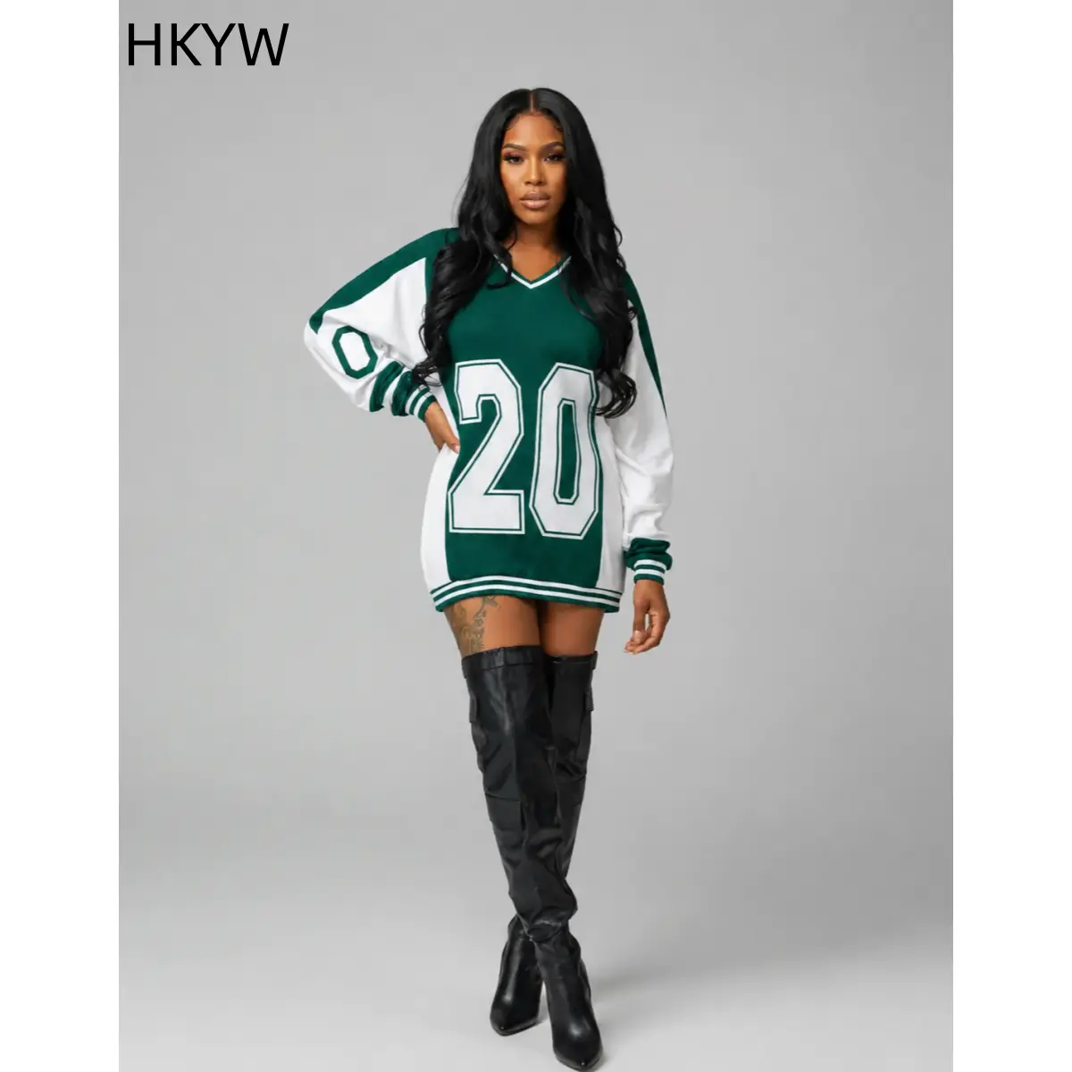 Women Oversized Color Block V Neck Number 20 Graphic Long Sleeve Varsity Mini Sweatshirt Dress, Streetwear Hip Hop Casual Night Out Tunic Outfit Soft Womenswear