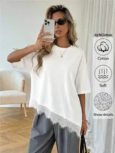 Women's Casual Basic Plain Asymmetrical Hem Lace Patchwork Round Neck T-Shirt, Spring Summer Cotton Top, Loose-Fitting Short Sleeve, Womenswear