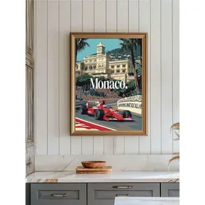 Monaco Grand Prix Vintage F1 Canvas Poster, Unframed Retro Formula 1 Racing Print, Classic Ferrari Race Car Wall Art for Living Room