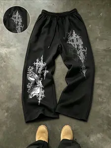 Men's American Dark Style Wide Leg Sweatpants, Comfortable Breathable Fabric, Angel & Thorns Cross Print, Daily/subculture Sport Pants