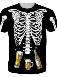 Men's 3D Skull Beer Pattern T-Shirt, Fun Halloween Casual Wear, Fitted Short Sleeve, Cartoon Style, All Seasons
