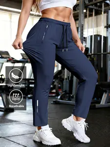 Women’s athletic casual long pants suitable for outdoor wear, running, and fitness; features a drawstring waist and zippered pockets; ideal for gym, yoga studios, and outdoor jogging.