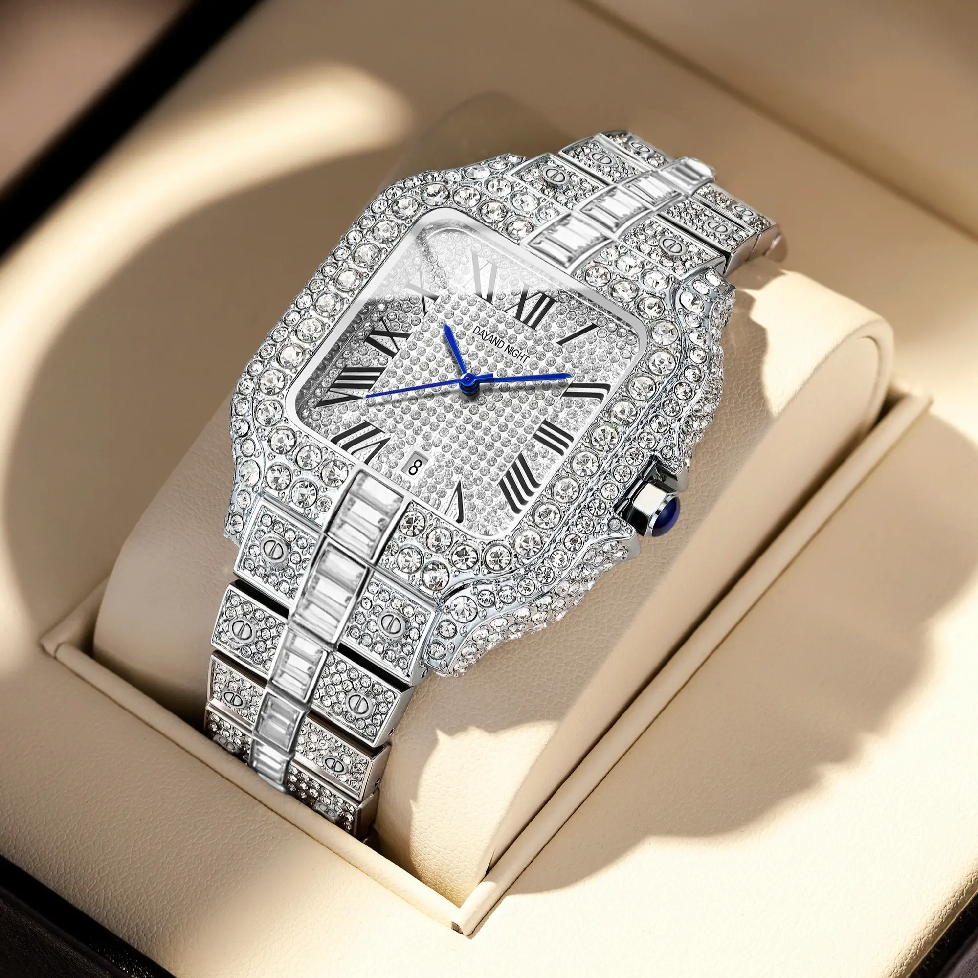 Dayand Night Diamond Wrist Watch for Women, 42mm Luxury Iced Out Silver Moissanite Square Business Fashion Timepiece with Waterproof Quartz Analog-Digital Display, Business Fashion Watch, Quartz Wristwatch, Watches For Women