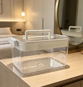 Portable Transparent Medical Storage Case with Sturdy Carry Handle,Hard Thickened Plastic First Aid Organizer with Removable Sorting Tray,Lightweight Sealed Bin,Practical Container for Pills Skincare Office Daily Sundry Storage.clear plastic organizer bin