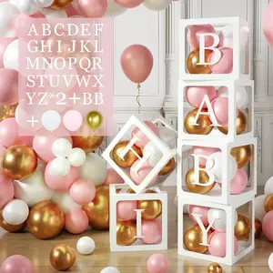 Boxes with Letters for  Shower, 6 count Transparent Boxes with 2 Set of A-Z+B Letter and 45 count Balloons for Girl  Shower Decoration, Birthday Party Block, Bridal Shower Decor Backdrop