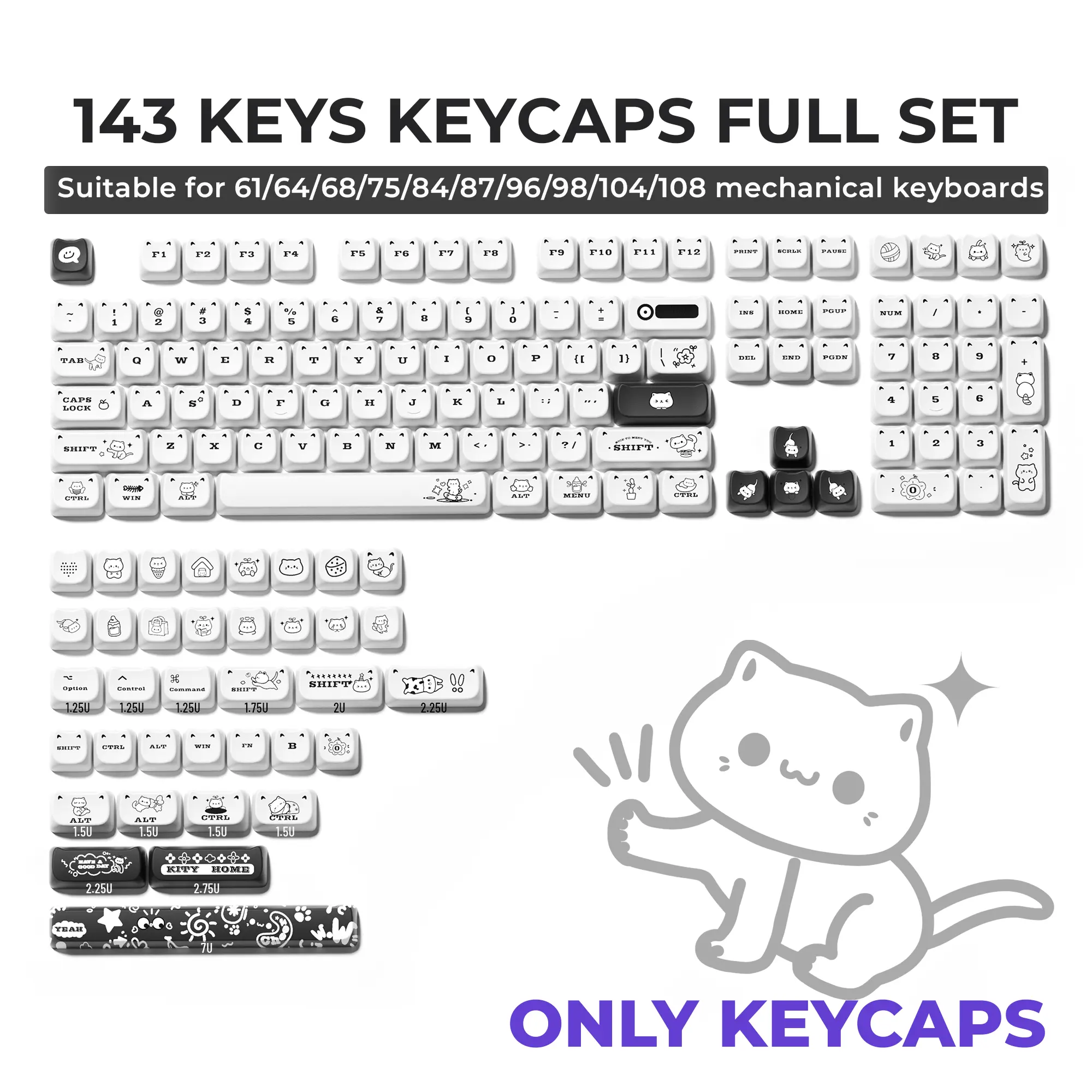 XVX Cute kitten MAO Profile Dye-Sub PBT Keycap 143-keys（only keycap, not include a keyboard）