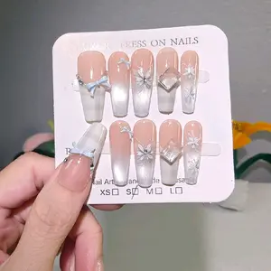 Handmade Nude Cat eye White Ombre French Tip Press On Nails - 3D Blue Bows, White Florals & Big Clear Rhinestones, Long Coffin Reusable Fake Nails, Cute Coquette Salon Quality