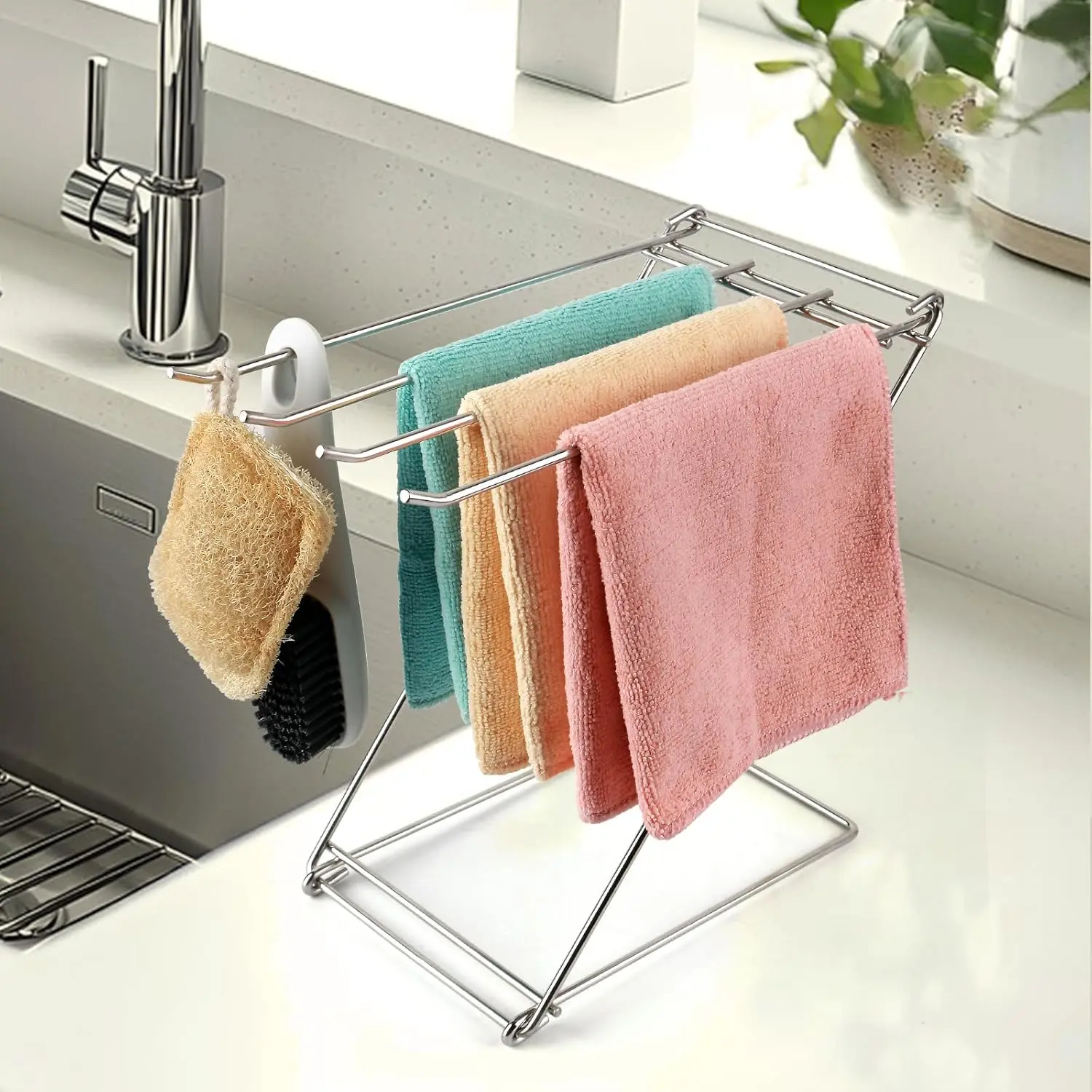Kitchen Towel Holder Stand, 4-Arm Dish Towel Holder Countertop Towel Drying Rack for Bathroom, Free Standing Hand Towel Stand Washcloth Dish Cloth Drying Rack, Z-Shaped Folding Hanging Towel Bar Stand Seropy