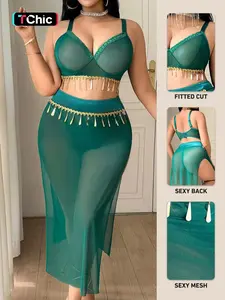 Valentine's Day Plus Size Sexy Lingerie Mesh Dance Costume Set, 3 Piece Bra Skirt Thong with Steel Ring Buckle, Women's Cosplay Clothing