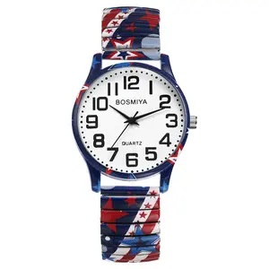 Bohemian Expansion Band Watch - Women’s Easy Reader Large Numbers Analog Quartz Elastic Strap Stretch Band Wristwatch with American flag Design for Christmas