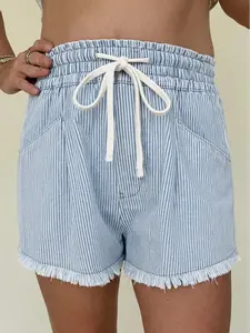 Sky Blue Stripe Raw Edge Drawstring Elastic Waist Casual Denim Shorts for Women, High Waist Loose Fit Summer Daily Wear Striped Denim Shorts