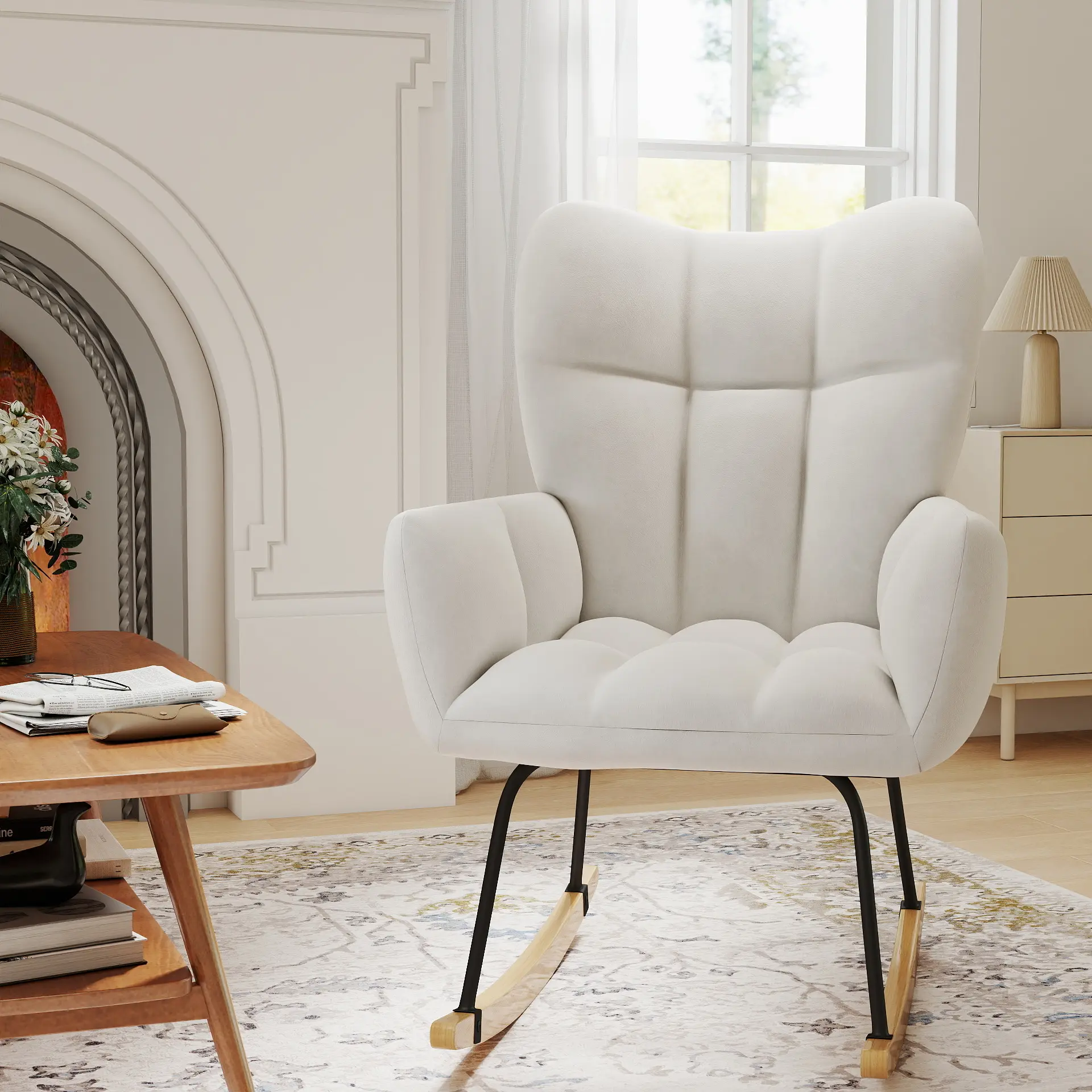 Modern Nursery Rocker Armchair - 440LBS Capacity, Hypoallergenic Velvet, Cushioned Curved Back, Comfortable Armrests, Scratch-Resistant Floor Guards, 4 Pastel Colors, Compact Unisex Curved Back Rocking Chair for Babies, Nursery, Living Room