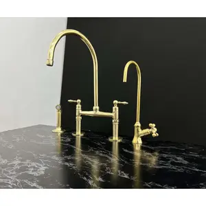 Handmade Unlacquered Brass Bridge Faucet with Sprayer and Cold Faucet