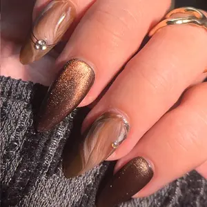Maillard 10pcs Dark Brown Galaxy Cat Eye Press on Nails with White Marble Swirls & Rhinestone Clusters, Glossy Shimmering Reusable Long Lasting Almond Fake Nails