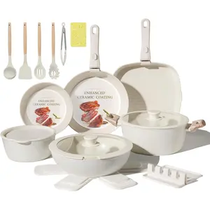 23 count Ceramic Cookware Set Non Stick Pots and Pans Set Non  with Detachable Handle Induction Kitchen Cookware Set Space Saving, Oven & Dishwasher Safe, Cream White