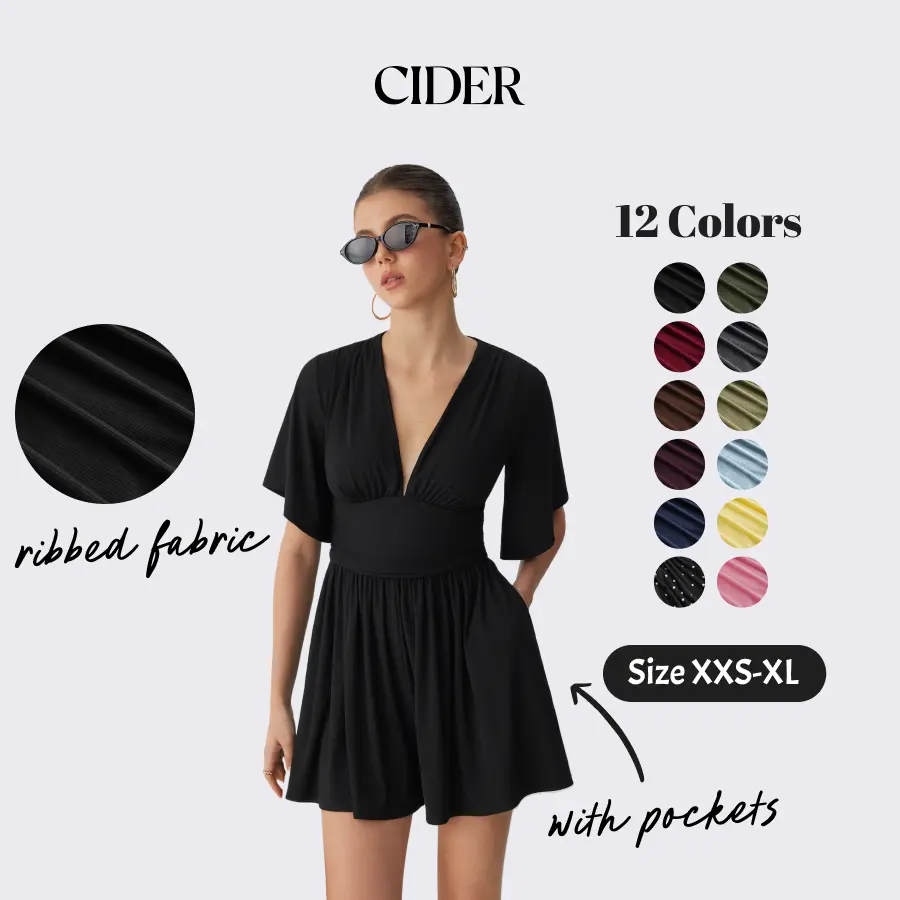 Cider Textured V-neck Ruched Mid Rise Bell Sleeve Ribbed Fabric Romper with Pockets Summer Womenswear Basic Minimalist Jumpsuit SohoChic