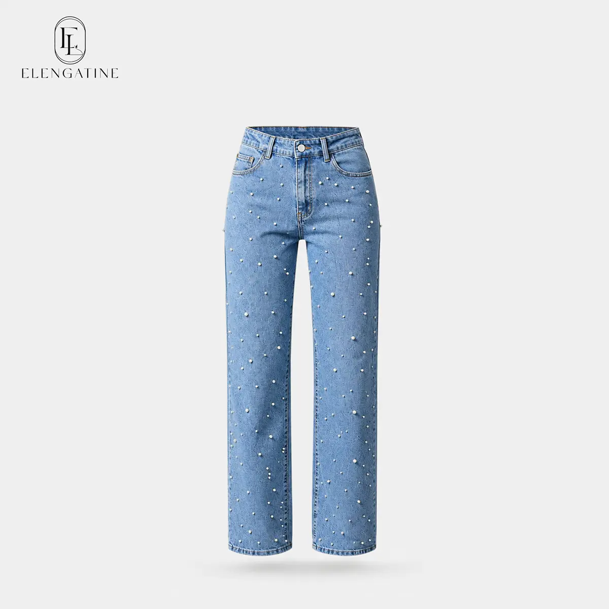 Elengatine Women Pearl Embellished Jeans, Sexy High Waisted Straight Leg Denim Pants, Trendy Beaded Wide Leg Trousers, Chic Coquette Aesthetic Streetwear, Modern Minimalist Soft Girl Clothes, Charming Casual Going Out Wear