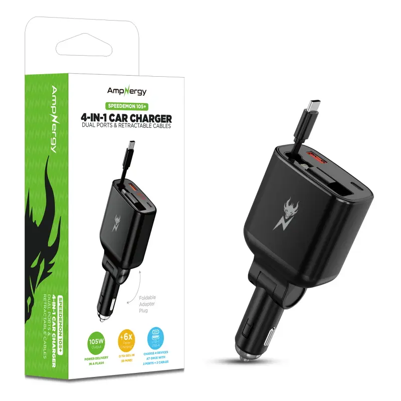 AmpNergy Speedemon 105W 4-in-1 Car Charger - USB Charger with Dual Charging Ports, Retractable Cables, Black, Usb Chargers, Dual Charging Chargers
